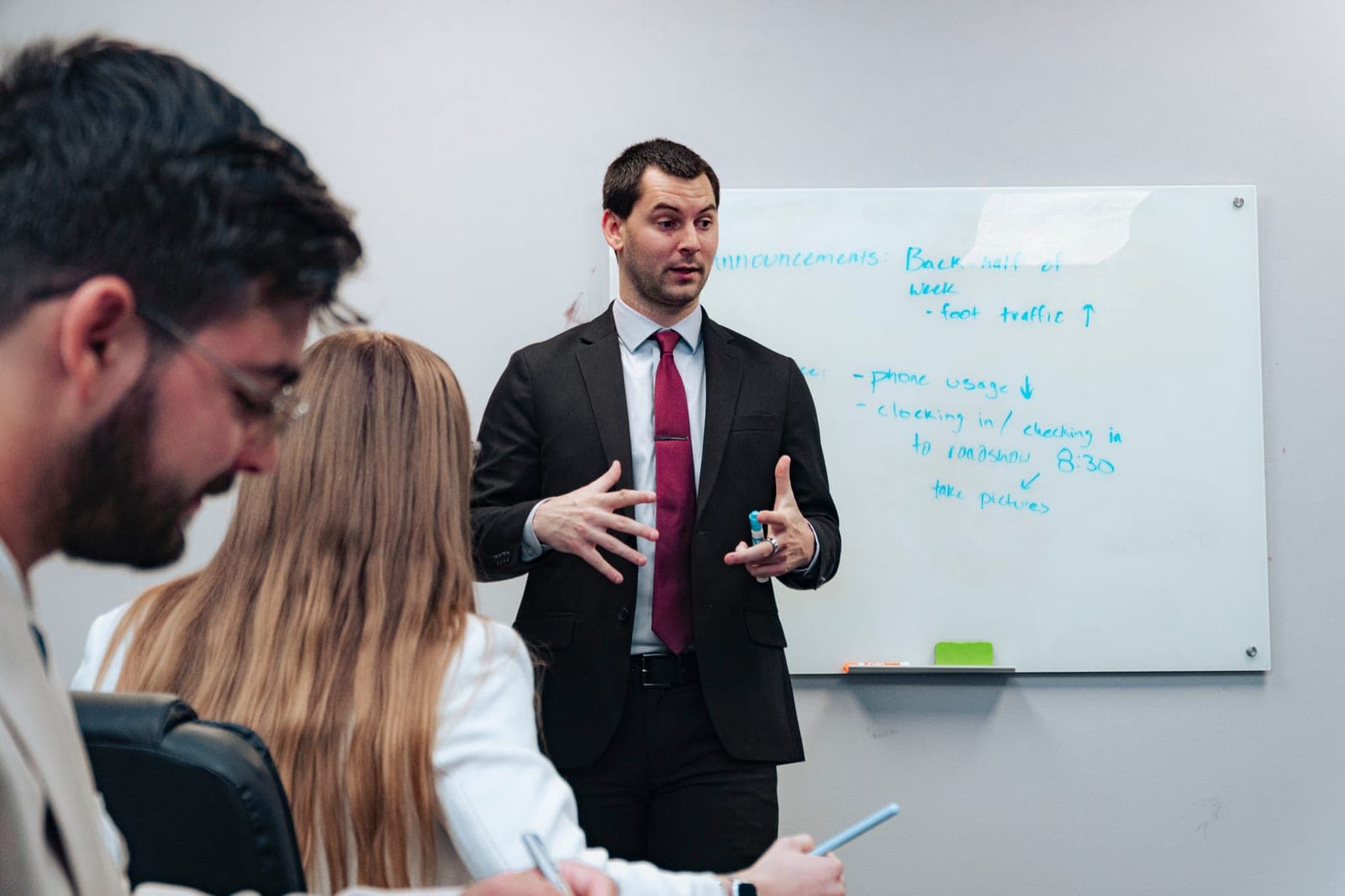 A team member presenting at a whiteboard during a working session
