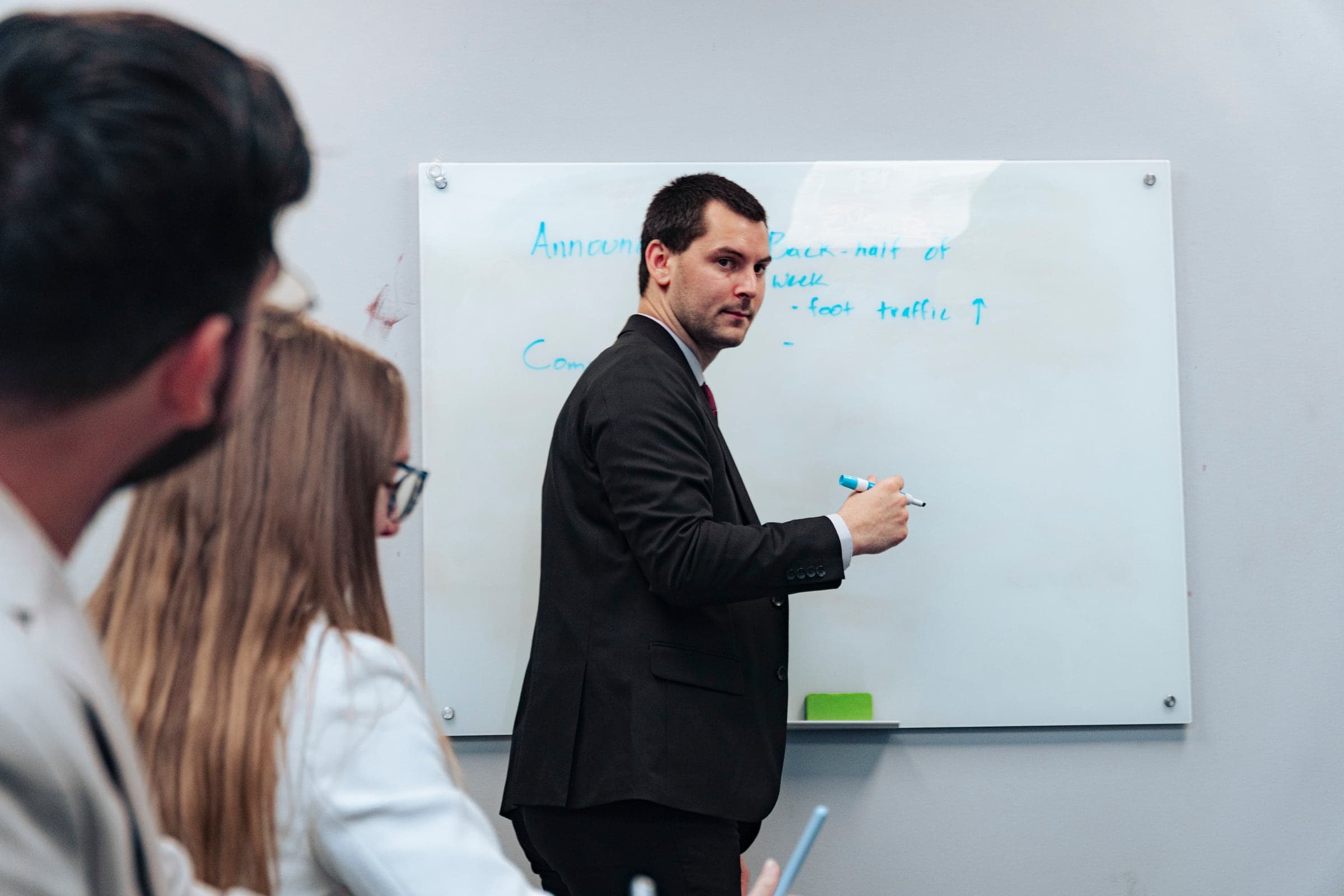 Mapping out a plan at the whiteboard during a strategy session