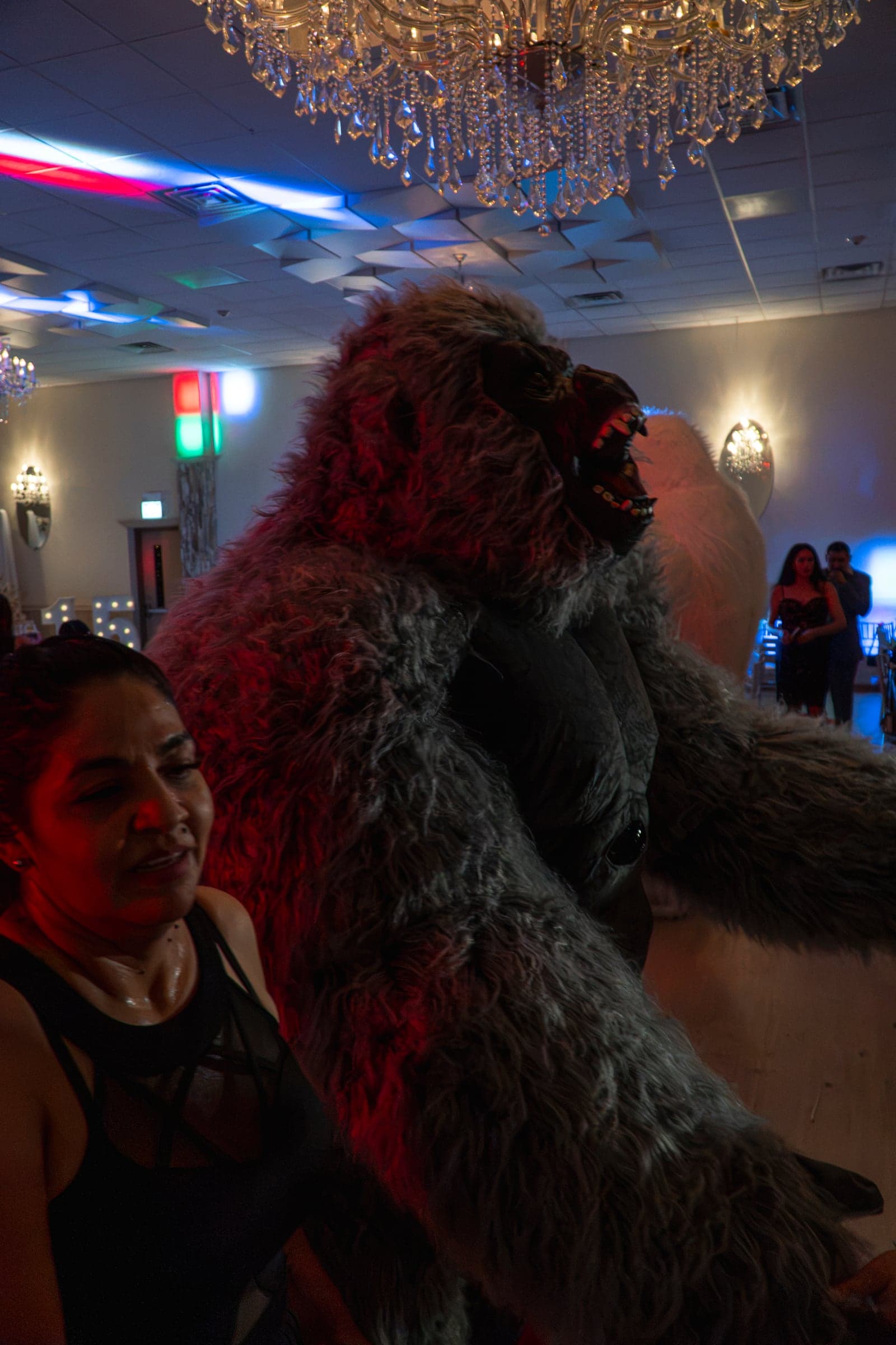 A costumed mascot greeting guests on the dance floor